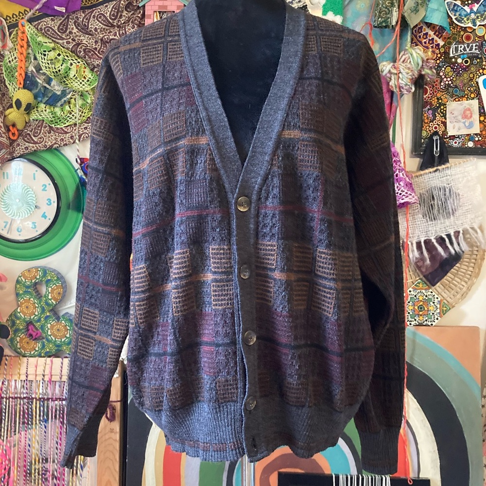 Multi-coloured vintage 90s wool blend cardigan sweater